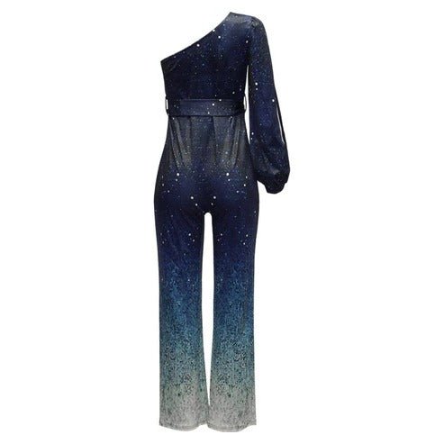 Dazzling women's one-shoulder disco jumpsuit featuring a vibrant ombre print and fashionable wide legs.