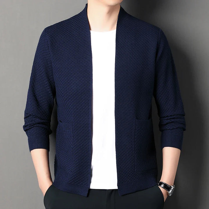 Front view of the women's open-front knit cardigan in a neutral color, featuring deep pockets.