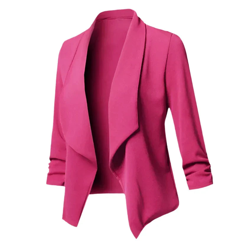Women's business blazer, structured fit & open front, offering a polished, wrinkle-resistant look.