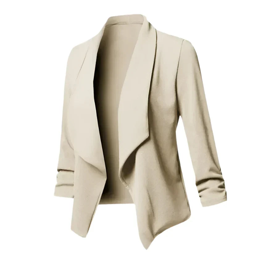 Wrinkle-resistant women's blazer, an elegant open front structured jacket for office fashion.