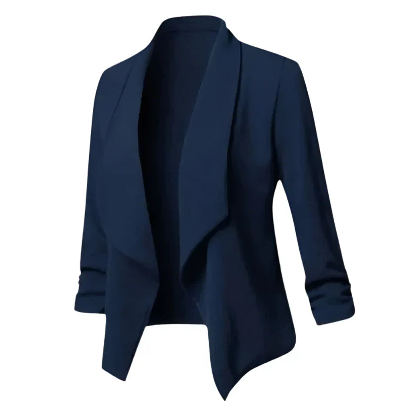 Elegant women's wrinkle-resistant blazer, an open front long sleeve jacket for smart workwear.