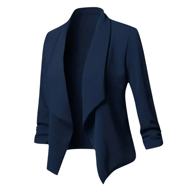 Elegant women's wrinkle-resistant blazer, an open front long sleeve jacket for smart workwear.