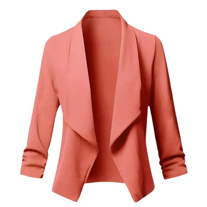 Chic long sleeve structured blazer, women's open front, essential for professional and office fashion.