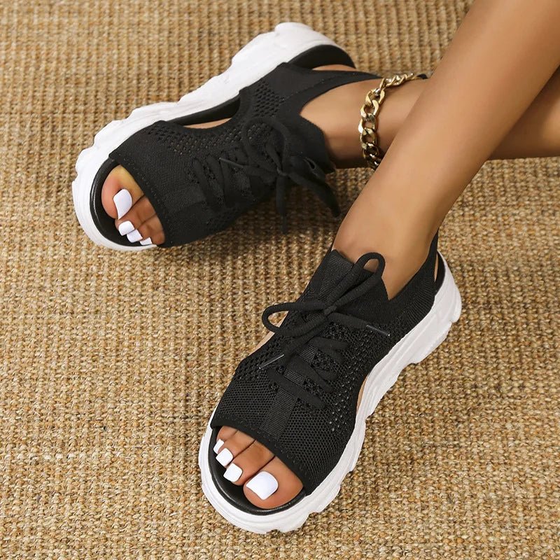 Versatile women's stylish open-toe platform sandals with adjustable lace-up, perfect for travel & casual outfits.