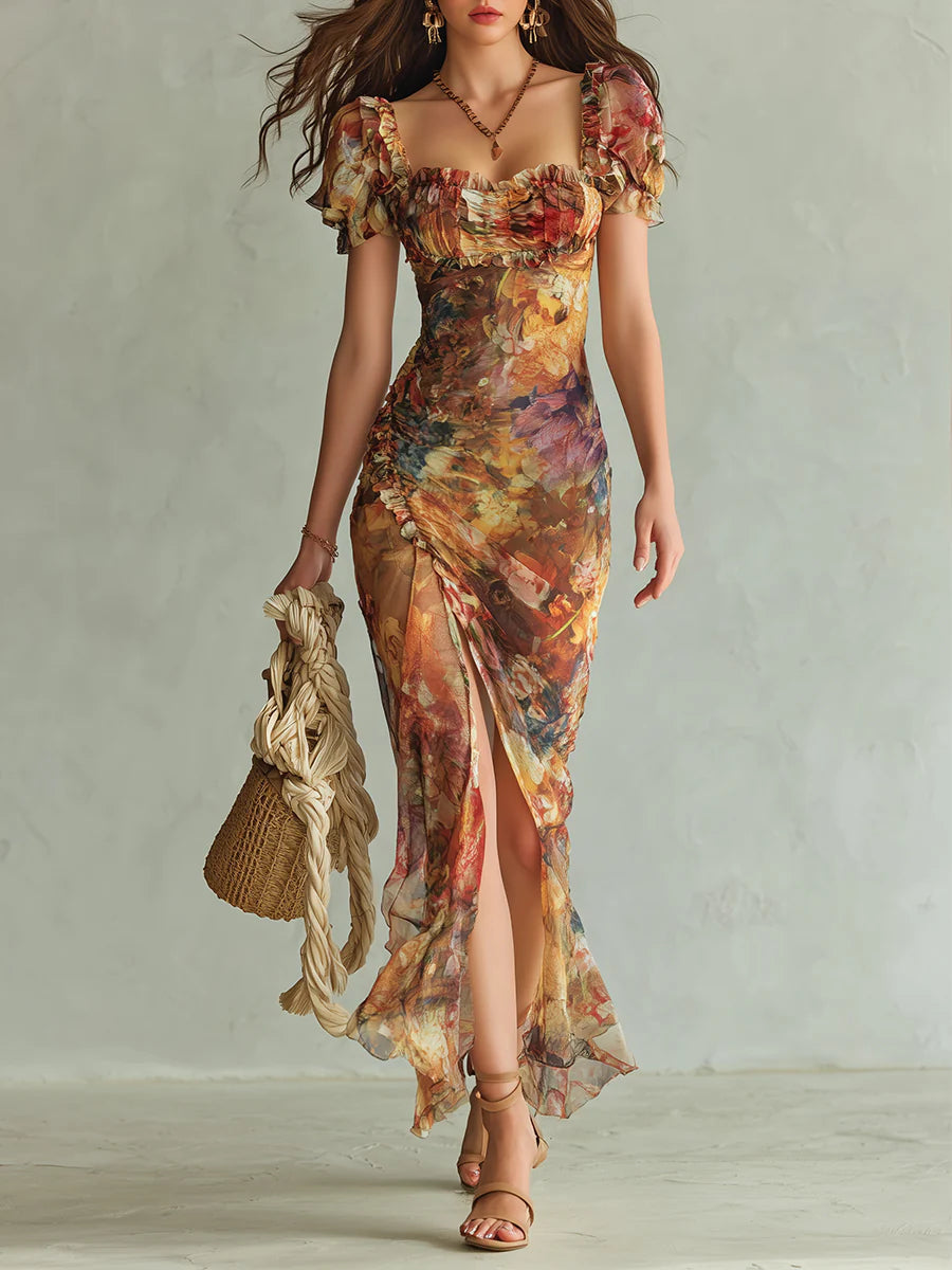 Women's orange floral maxi dress with sweetheart neck, ruched bodice, and puff sleeves, perfect for summer parties.