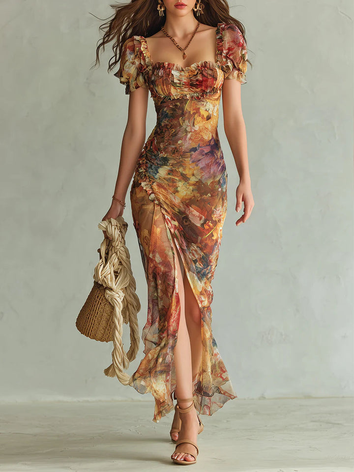 Women's orange floral maxi dress with sweetheart neck, ruched bodice, and puff sleeves, perfect for summer parties.