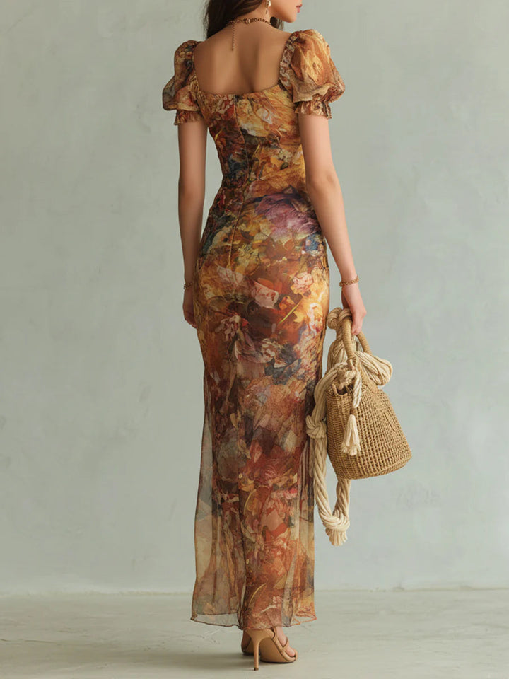Elegant women's orange floral maxi dress, a stylish sweetheart neck ruched gown for wedding guests or formal events.