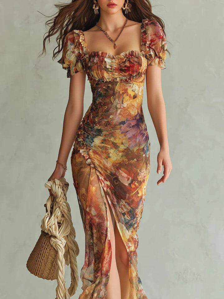 Chic women's orange floral maxi dress with sweetheart neck, ruched waist, and short puff sleeves, a vibrant party dress.