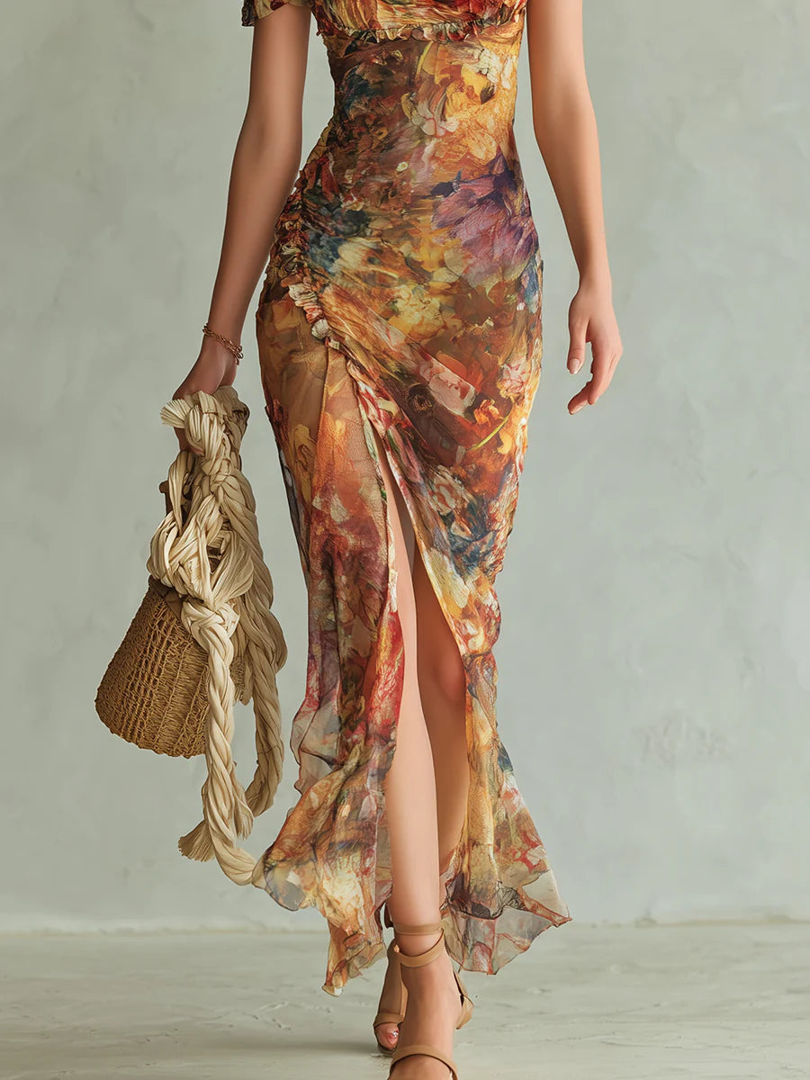 Beautiful women's orange floral maxi dress, an elegant evening gown with a sweetheart neck and flattering ruched design.