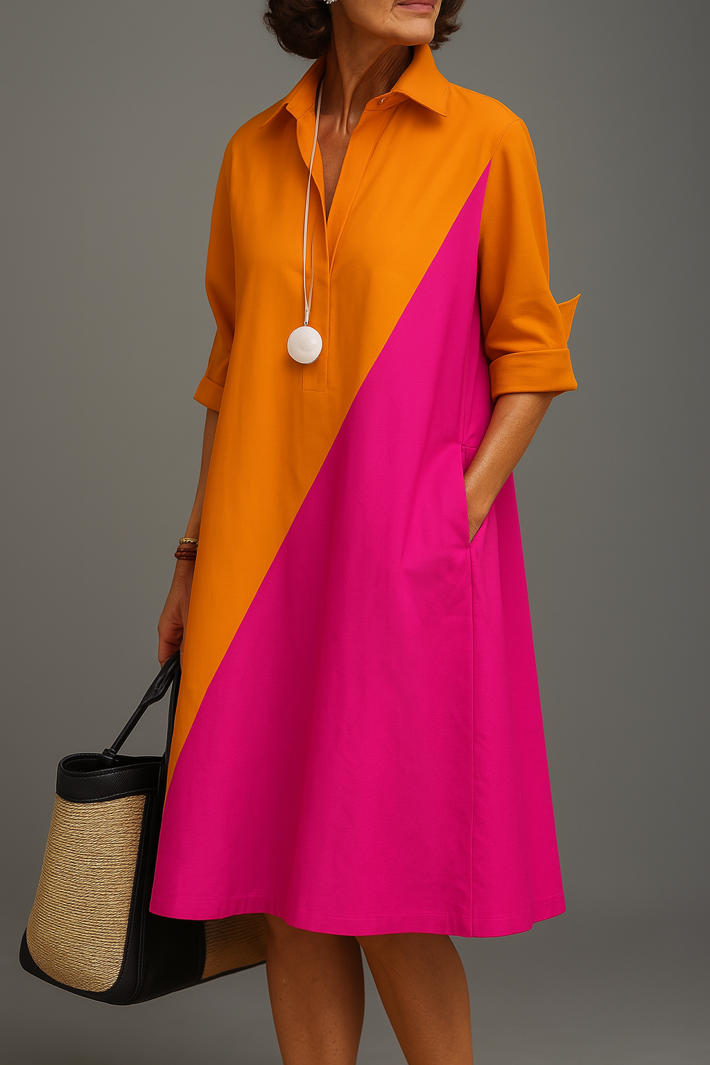 Women's orange & pink diagonal colorblock collared A-line midi dress. Features V-neck, smart casual modern fashion.