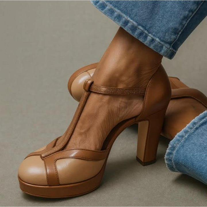 Women's orthopedic ankle-strap heeled sandals with arch support for comfortable, pain-relieving wear.