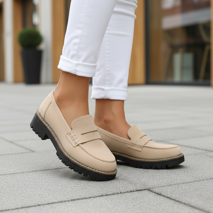 Women's penny loafers with a trendy chunky sole, orthopedic design for modern comfort footwear.