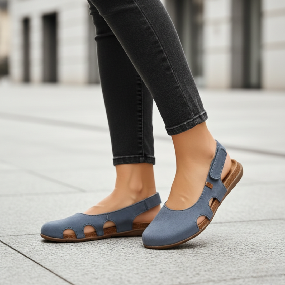 Breathable women's orthopedic closed-toe slingback sandals with adjustable straps and arch support.