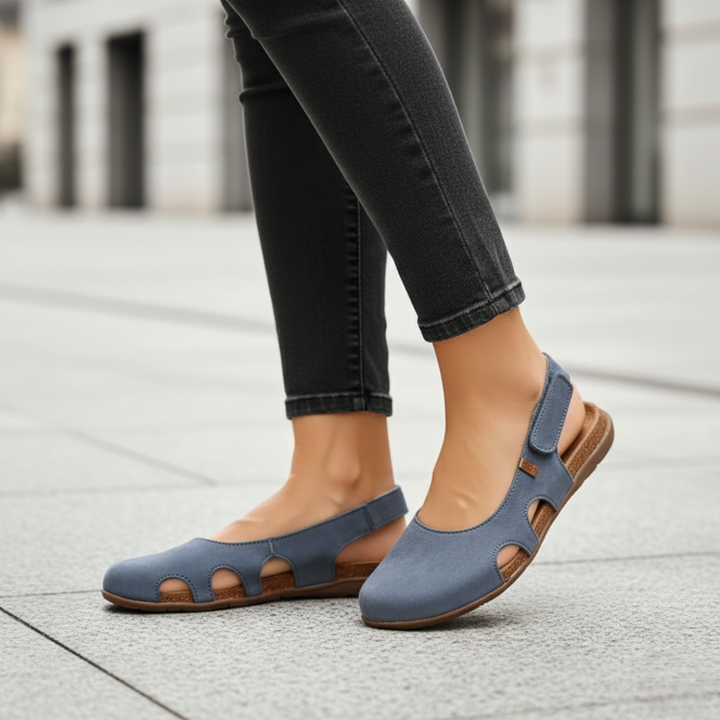 Breathable women's orthopedic closed-toe slingback sandals with adjustable straps and arch support.