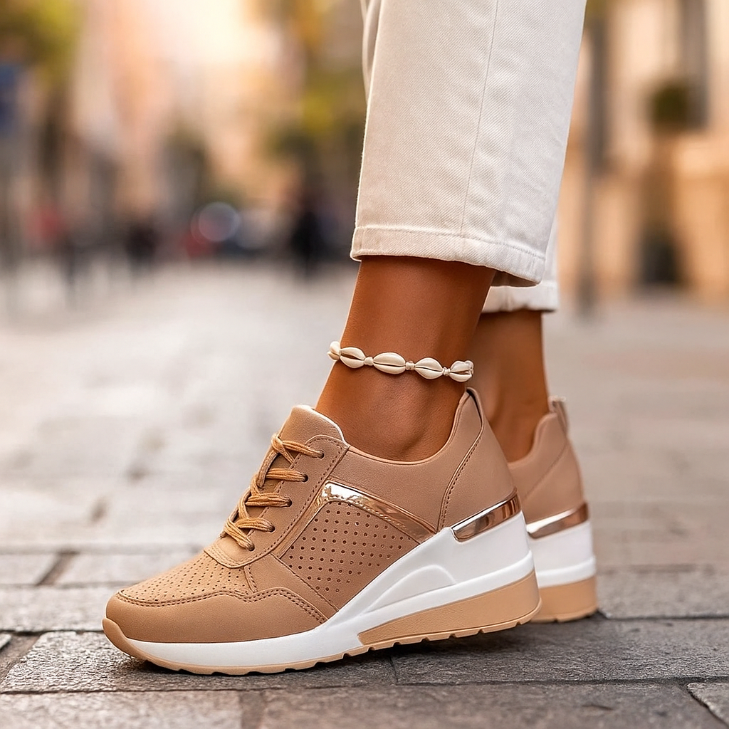 Close-up of women's cushioned orthopedic sneakers, highlighting the breathable mesh and metallic accents.