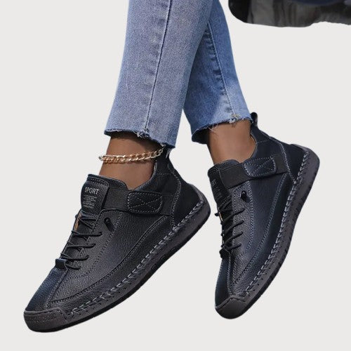 Supportive women's walking shoes with arch support, providing foot pain relief for plantar fasciitis.