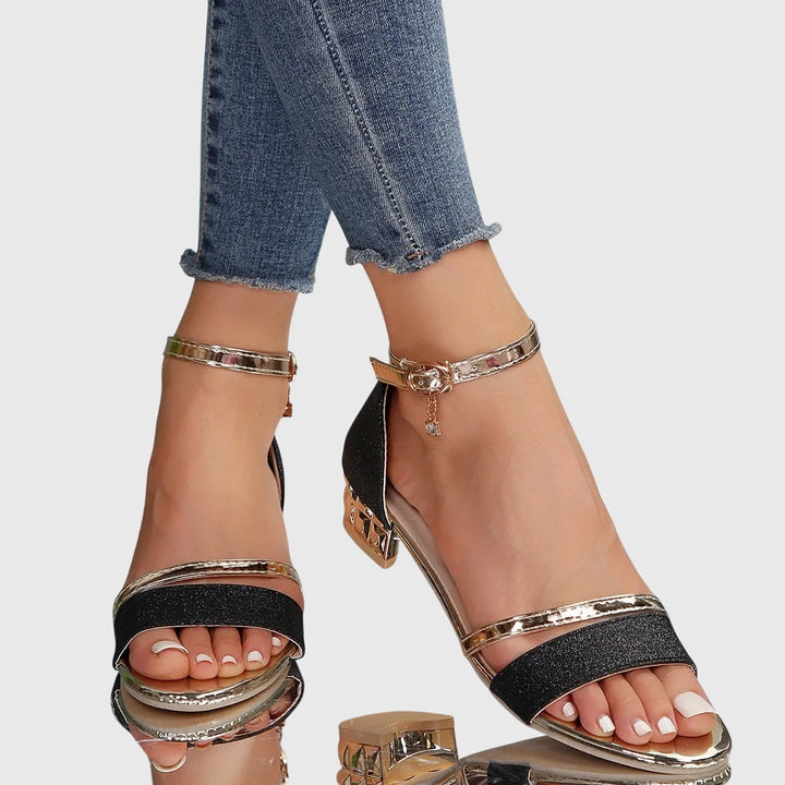 Women's orthopedic heeled sandals, black, with arch support for pain relief & stylish comfort.