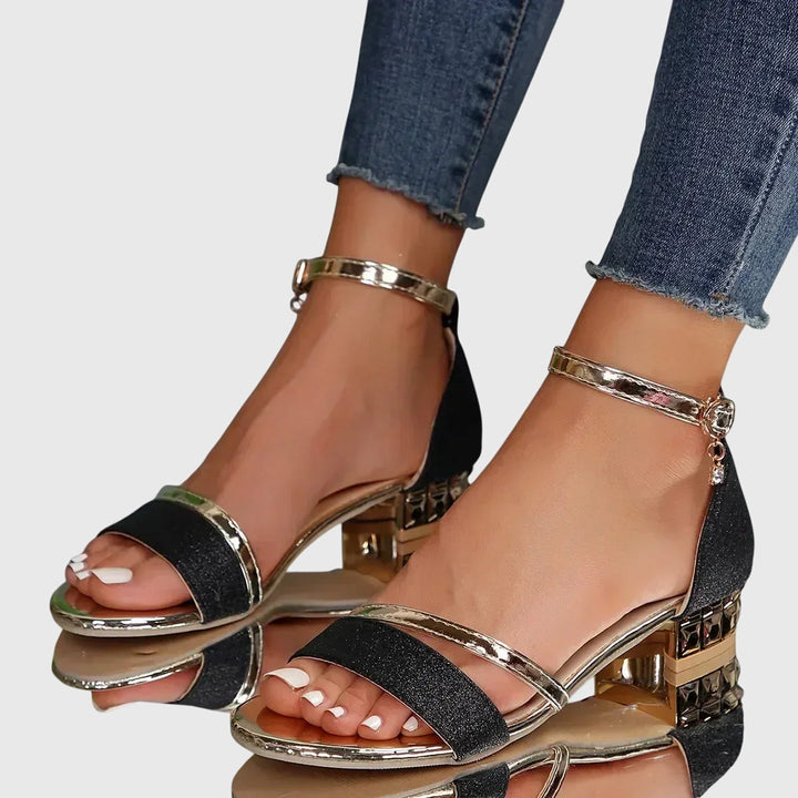 Adjustable women's heeled sandals, tan, with orthopedic support for chronic pain relief & versatile style.