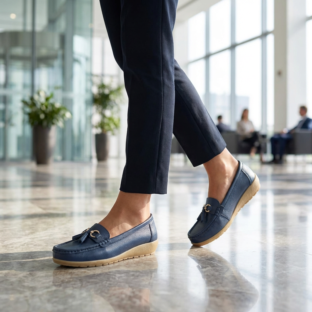 Front view: Women's orthopedic loafers, showcasing sleek design & all-day comfort for various occasions.