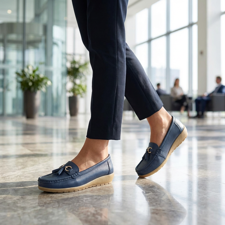 Front view: Women's orthopedic loafers, showcasing sleek design & all-day comfort for various occasions.