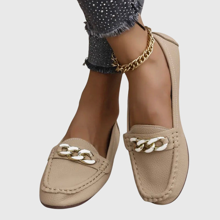 Close-up of women's comfort loafers: orthopedic design with soft lining for foot support.