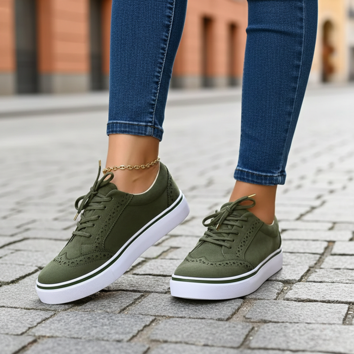 Lace-up women's low-top comfort sneakers, providing orthopedic support for comfortable walking.