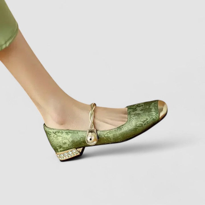 Comfortable women's orthopedic Mary Jane shoes, top view, with a supportive low block heel.