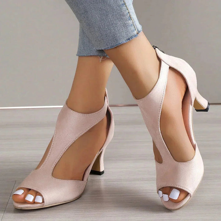 Women's orthopedic peep toe T-strap comfort heels in black, perfect for elegant parties or dress occasions.
