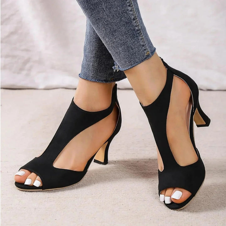 Elegant women's comfort heels with orthopedic arch support, T-strap design, and peep toe for dressy events.