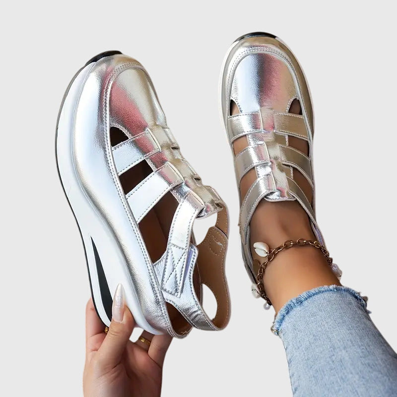 Side view of supportive women's sandals, highlighting the contoured orthopedic arch design.