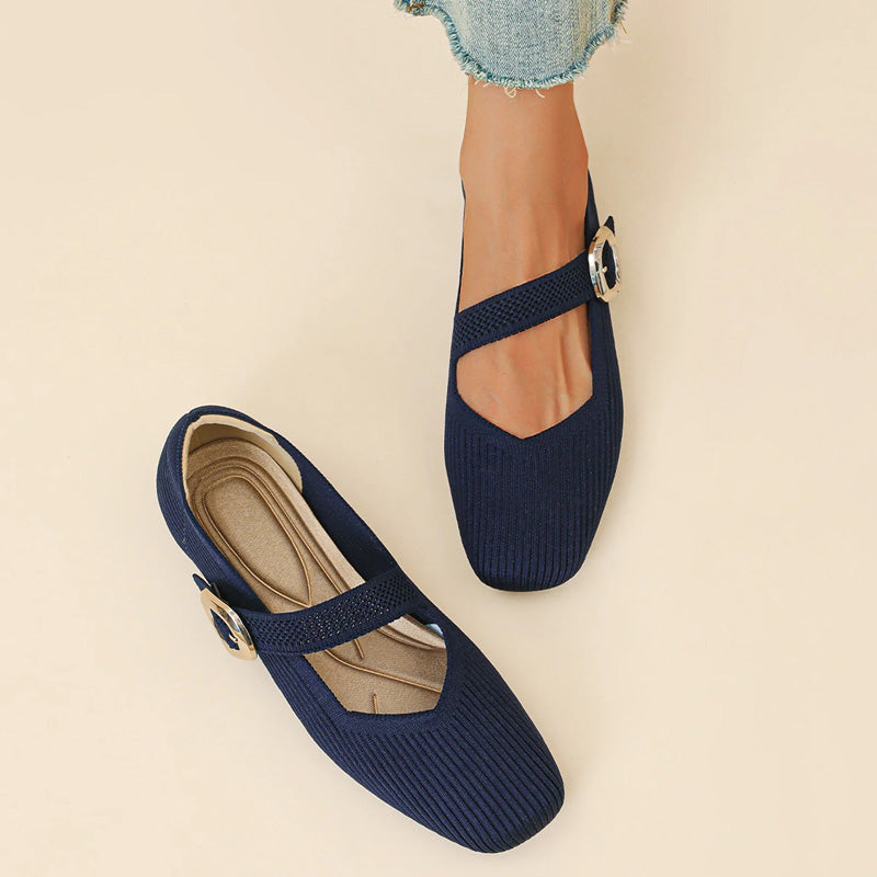 Front view: Women's orthopedic square toe Mary Jane flats, showcasing strap detail & comfort.