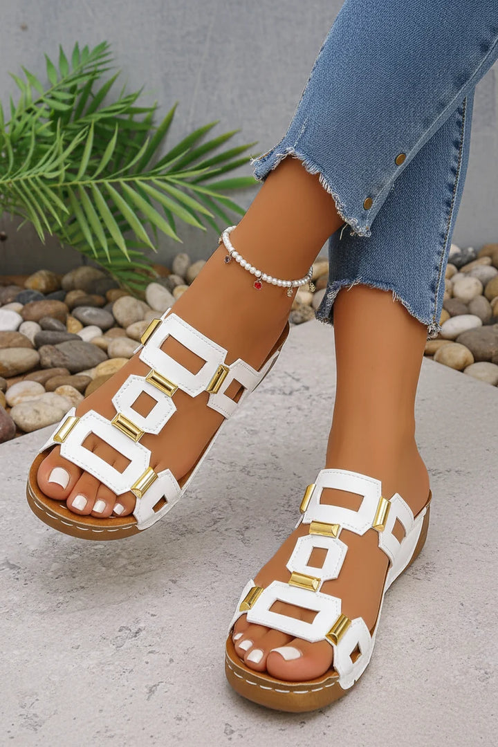 Open-toe women's wedge slide sandals. Orthopedic comfort and support for everyday summer and casual footwear.