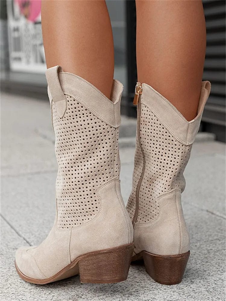 Perforated western ankle boots for women, orthopedic comfort, side zipper & stable block heel.