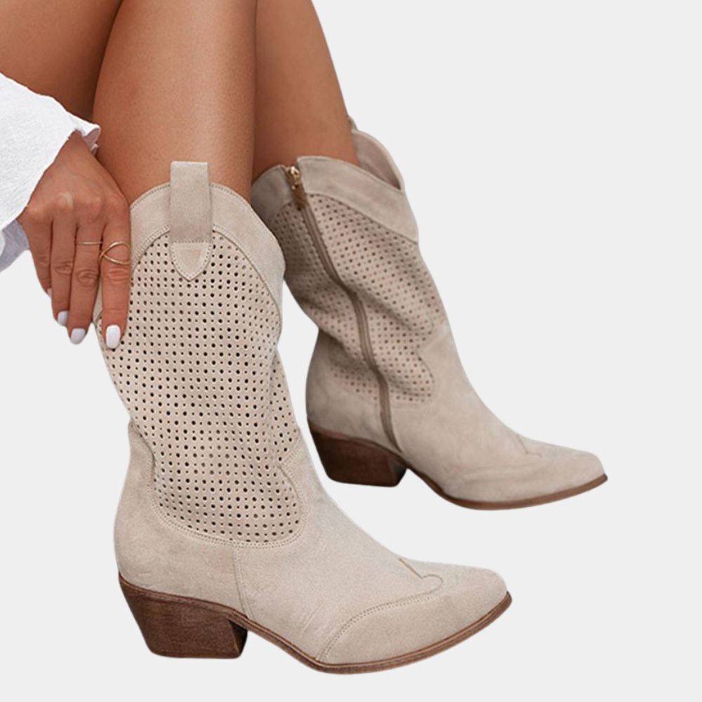Orthopedic women's western boots; comfortable cowboy footwear with a stylish stacked heel and pull-on design.