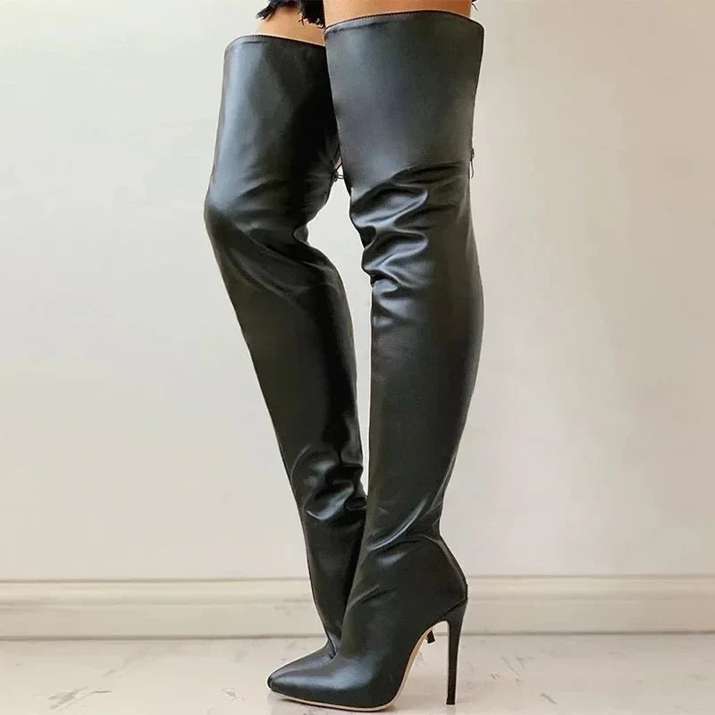 Tall women's over-the-knee boots, featuring a high stiletto heel & pointed toe for a flattering, slim fit.