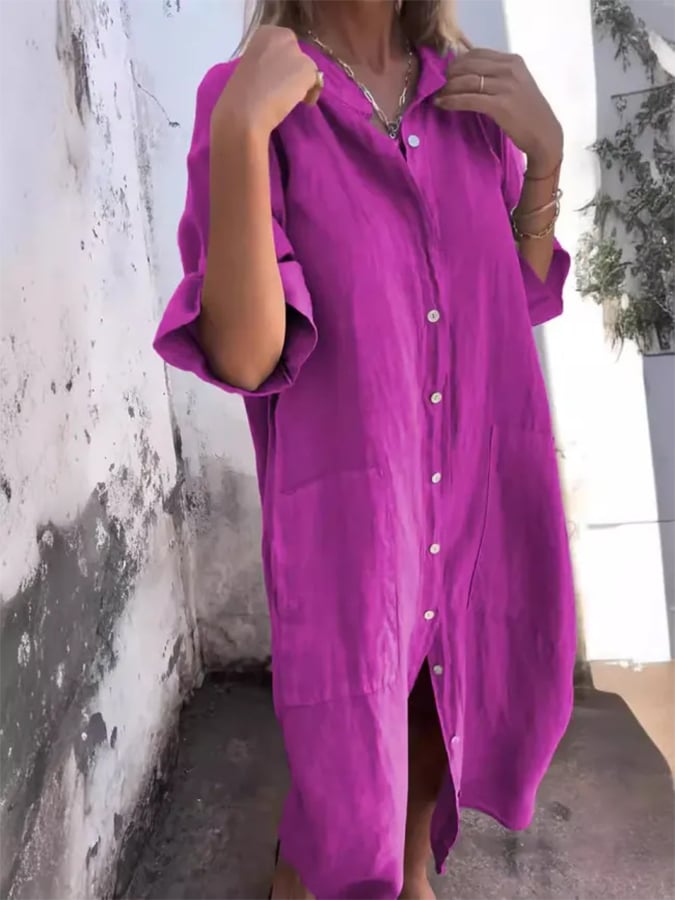 Casual women's summer midi shirt dress. Oversized button down with pockets, great as a beach cover up.