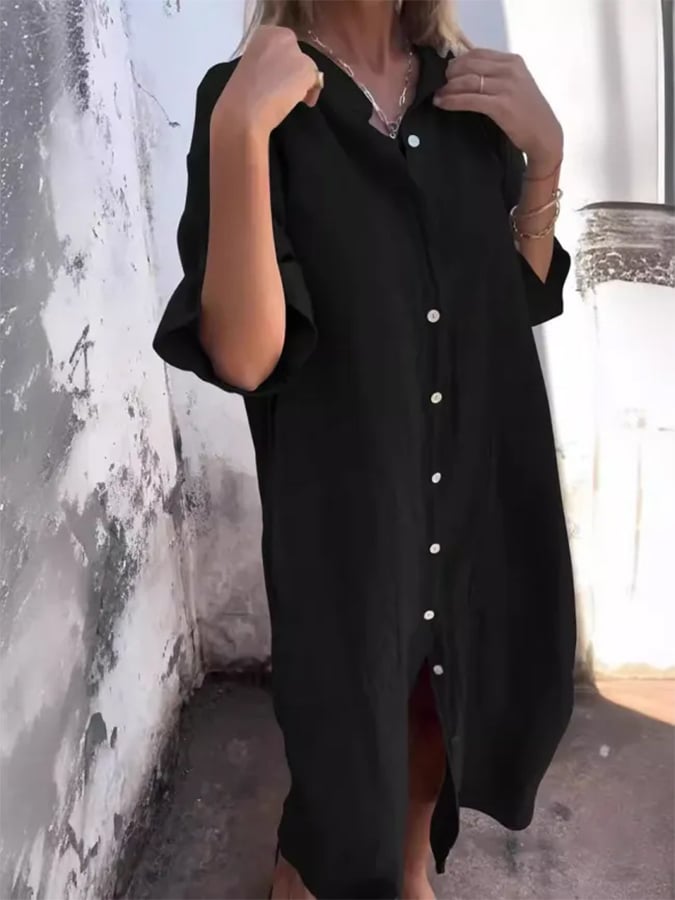 Stylish women's oversized button down midi shirt dress, perfect for casual summer outings or everyday comfort.