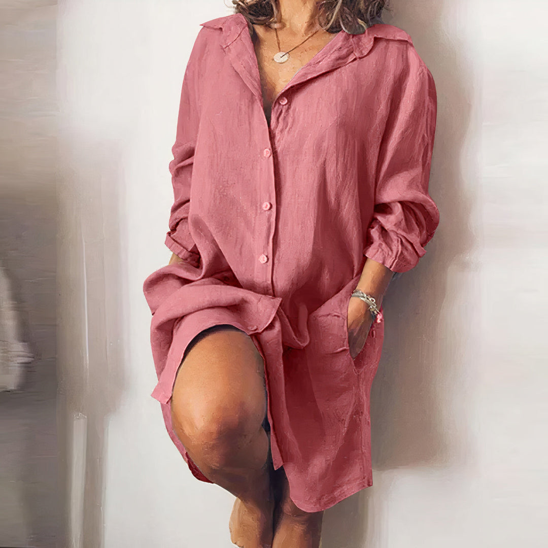 Casual chic women's oversized button down midi dress for comfortable, relaxed wear.