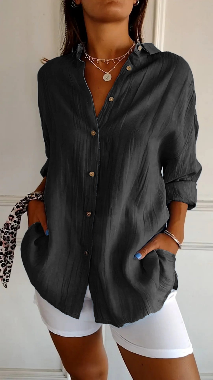 Everyday women's oversized button-down shirt, long-sleeve, chic & relaxed fit for casual spring style.