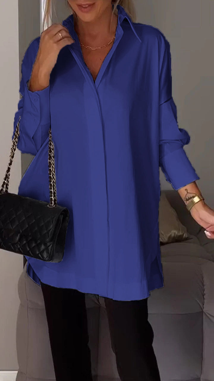 Versatile women's oversized shirt with collar, relaxed fit long sleeve, comfortable work or casual fashion.
