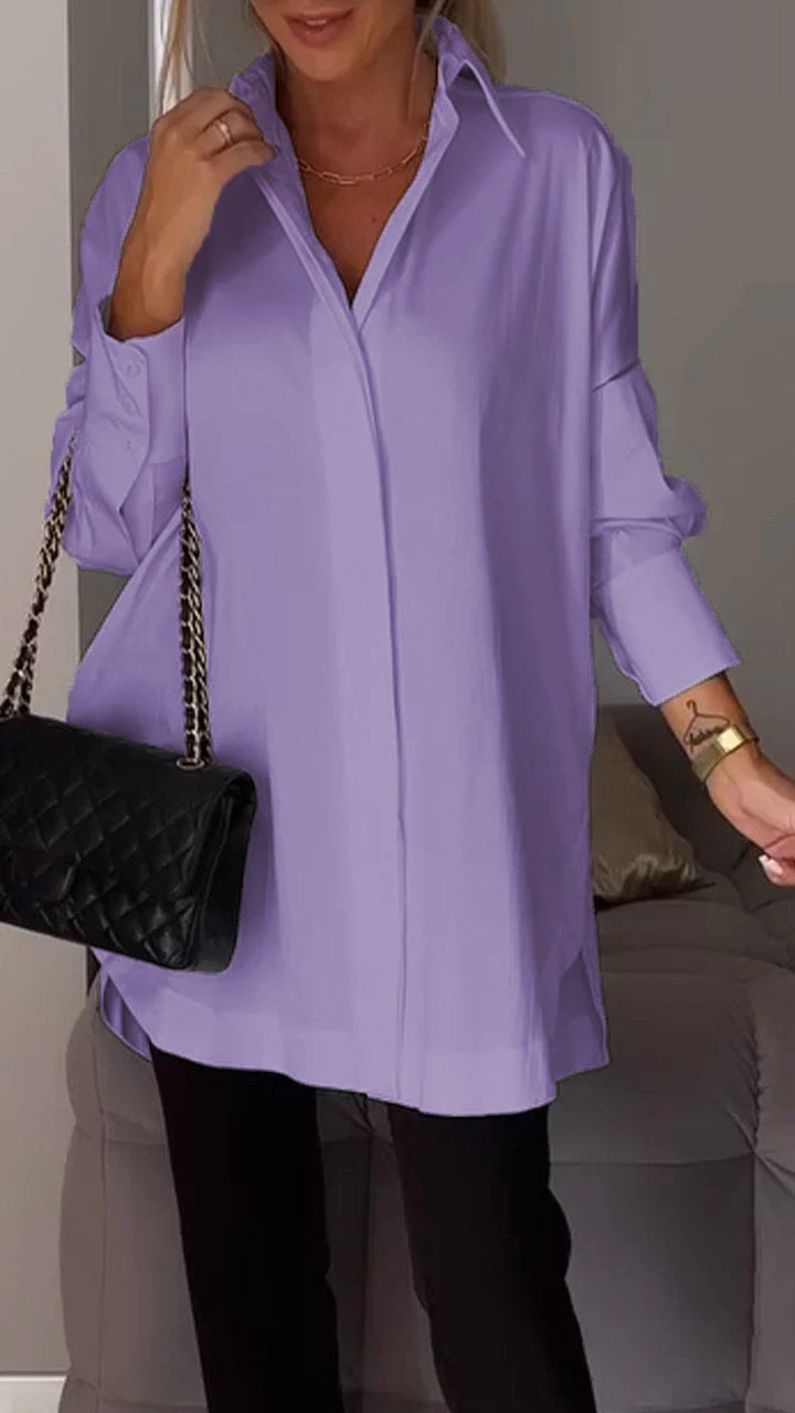 Comfortable women's oversized collar blouse, long sleeve, relaxed fit. Ideal for chic workwear or casual looks.