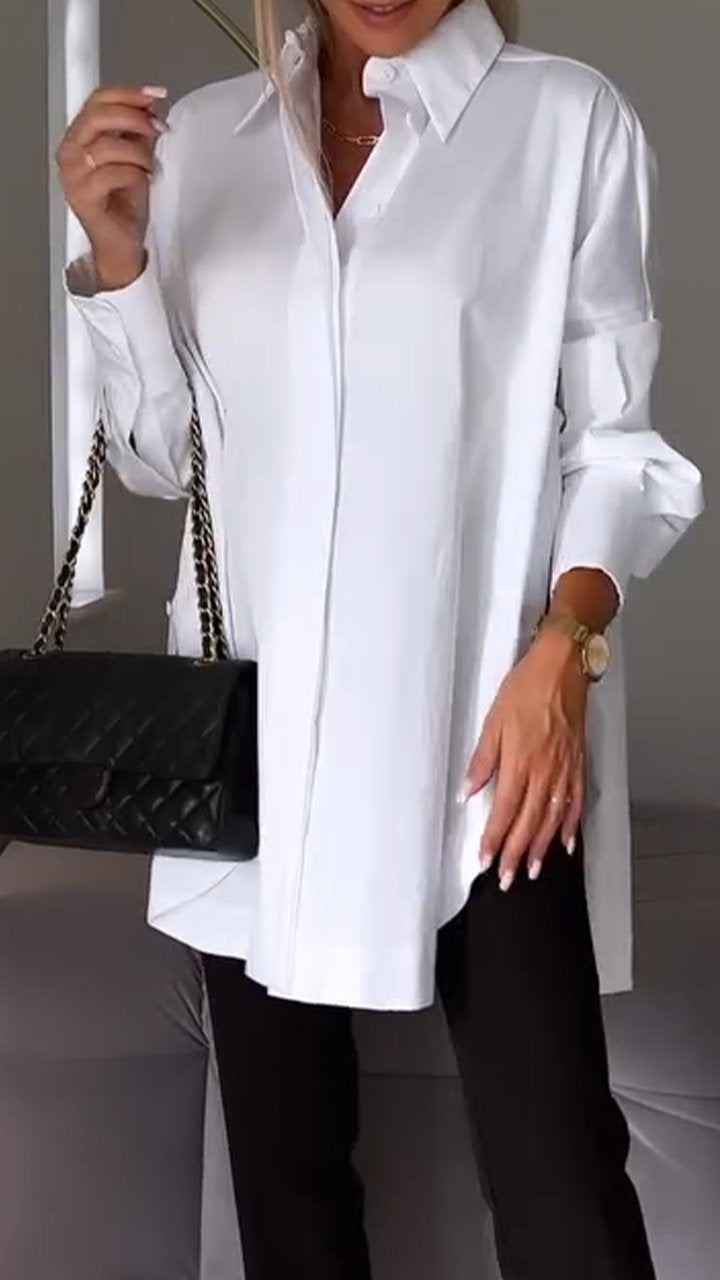 Comfortable women's oversized shirt with stylish folded collar, effortless relaxed fit.