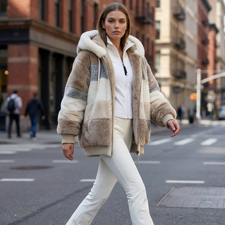 Chic women's plush winter coat, oversized and warm. Multi-color block design, perfect for cozy cold weather style.