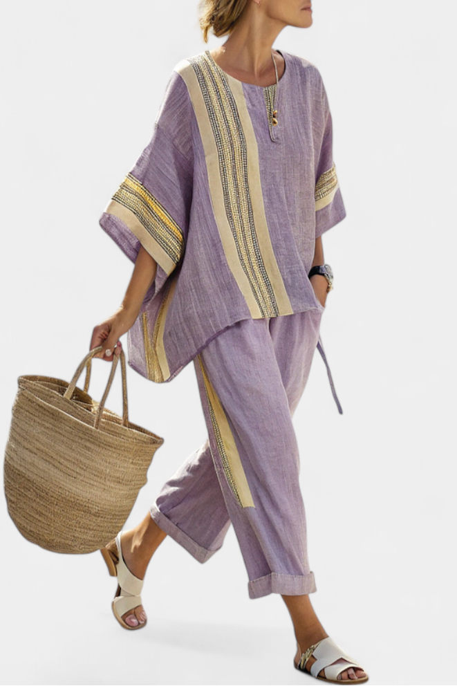 Women's oversized embroidered stripe two piece set, relaxed fit resort wear for summer.