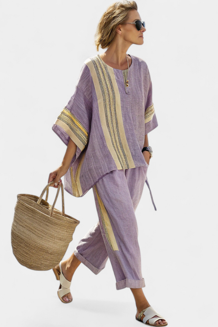 Vibrant women's oversized two piece set with colorful embroidered stripes, perfect for resort or vacation.