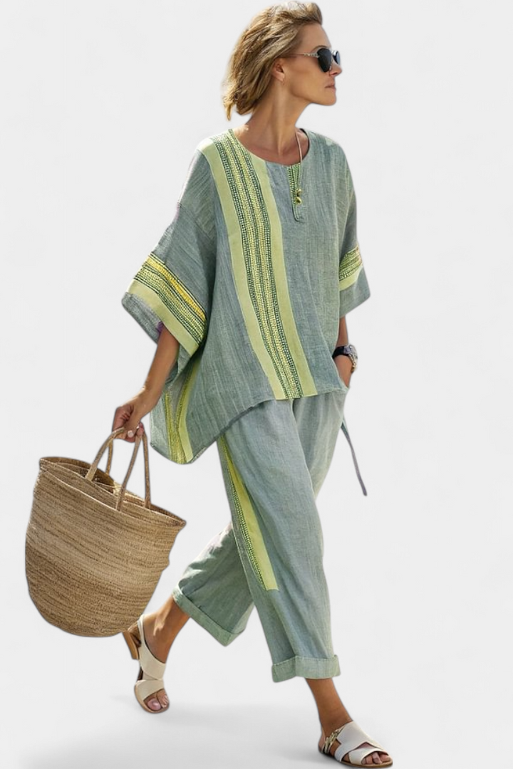 Chic women's oversized two piece set with embroidered stripe trim, offering a comfortable, relaxed fit.