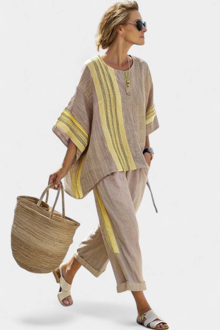 Women's casual oversized two piece set featuring intricate embroidered stripes, ideal for summer boho style.