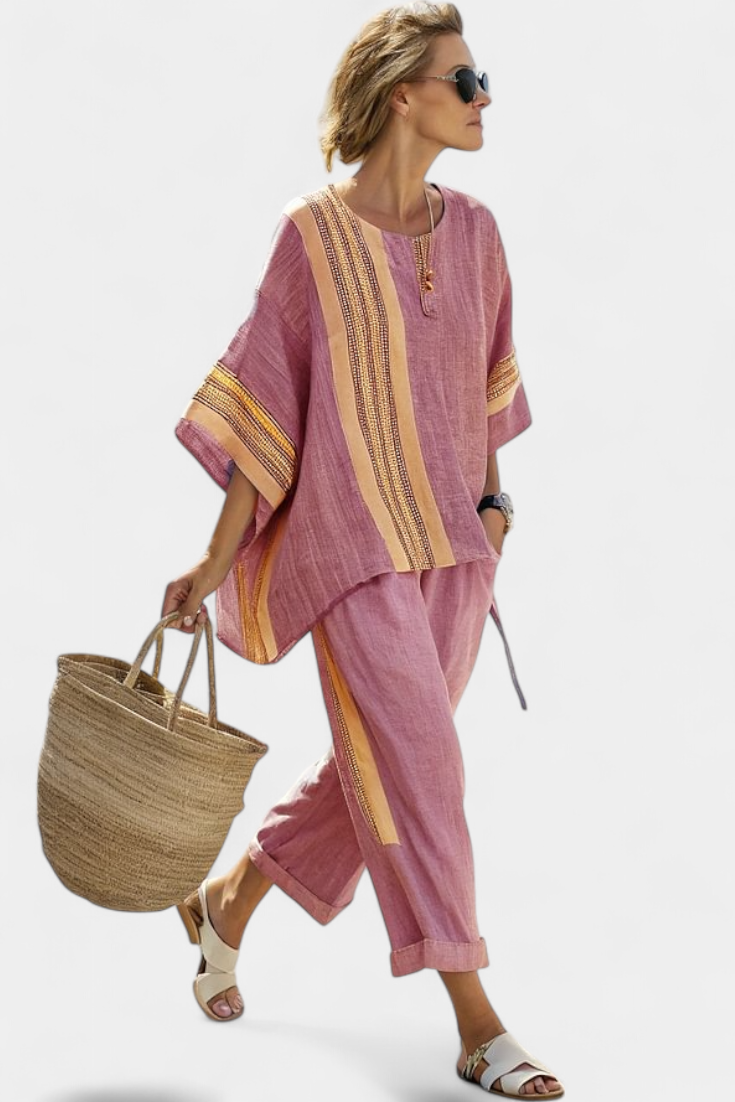 Stylish women's embroidered stripe oversized two piece set, a perfect vacation outfit or resort wear.