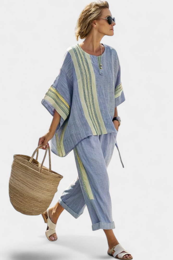 Women's relaxed fit embroidered stripe oversized two piece set, a fashionable choice for summer & resort.