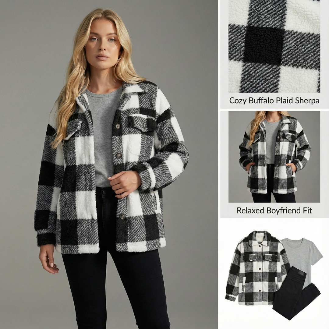 Women's oversized fleece plaid button-up shacket, warm & cozy for winter fashion.